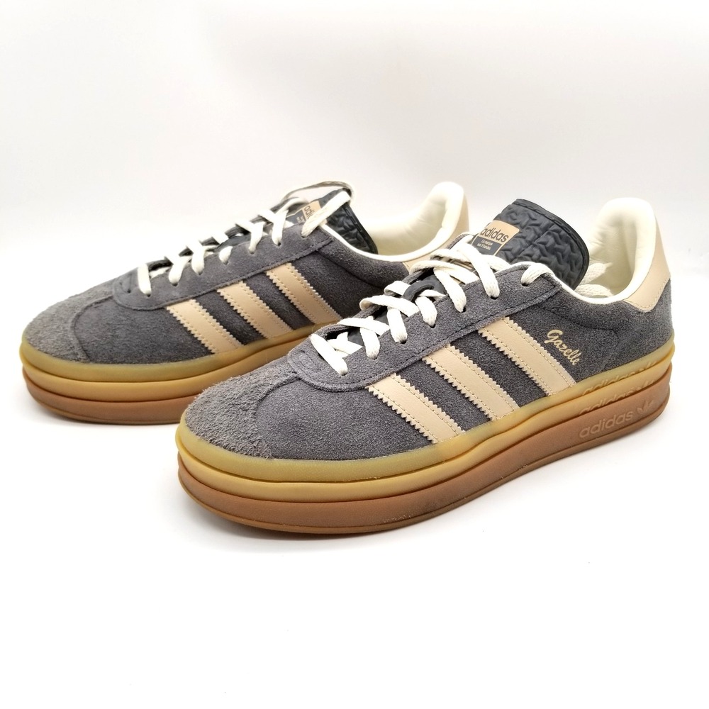 adidas Gray Suede Gazelle Platform Sneakers with Cream Stripes